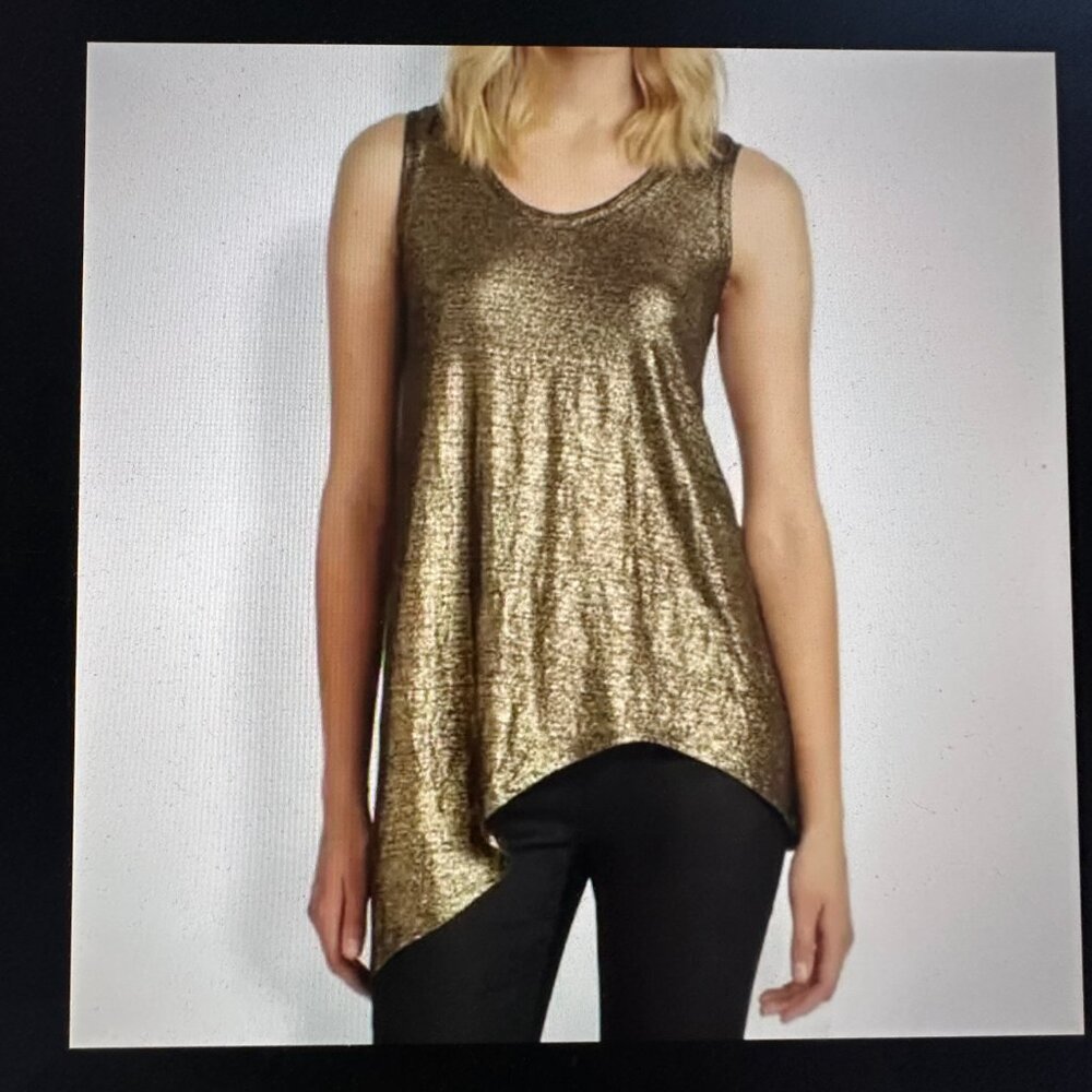Eileen Fisher Metallic Gold Asymmetric Sleeveless Organic Linen Blouse